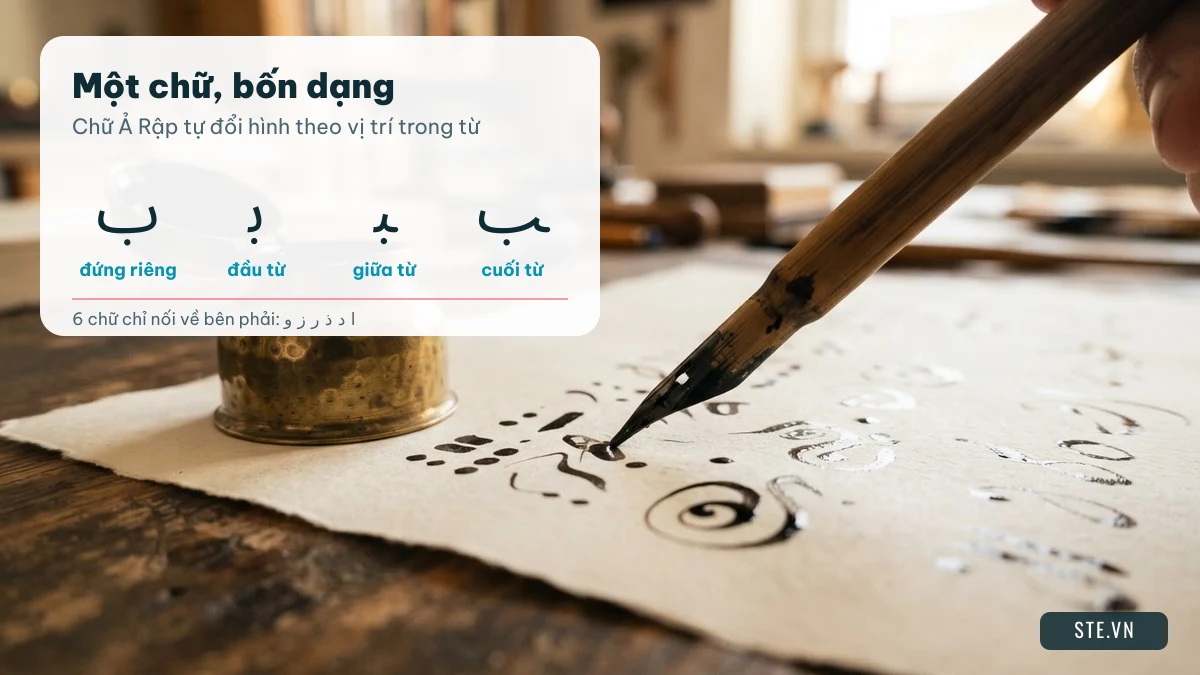 Chữ Ả Rập ب có 4 dạng: đứng riêng, đầu từ, giữa từ, cuối từ