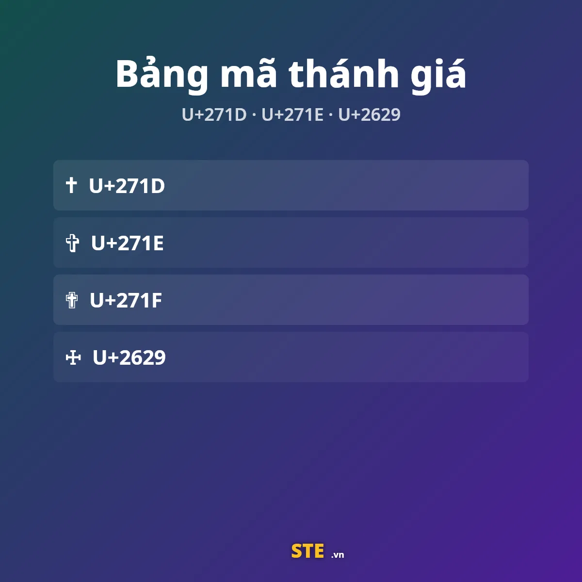 Bảng mã Unicode của kí tự thánh giá: U+271D, U+271E, U+2629