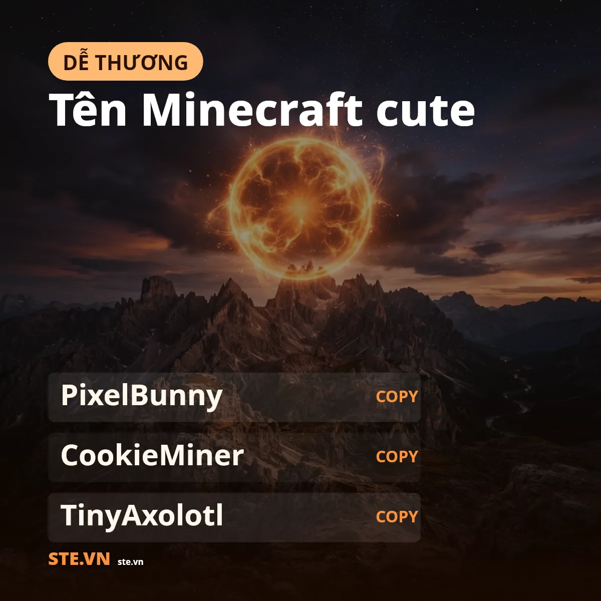 Tên Minecraft dễ thương: PixelBunny, CookieMiner, TinyAxolotl